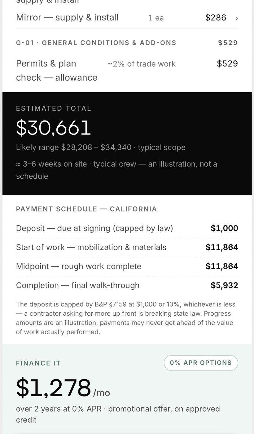 An itemized bathroom estimate with the total, the likely range and the California payment schedule