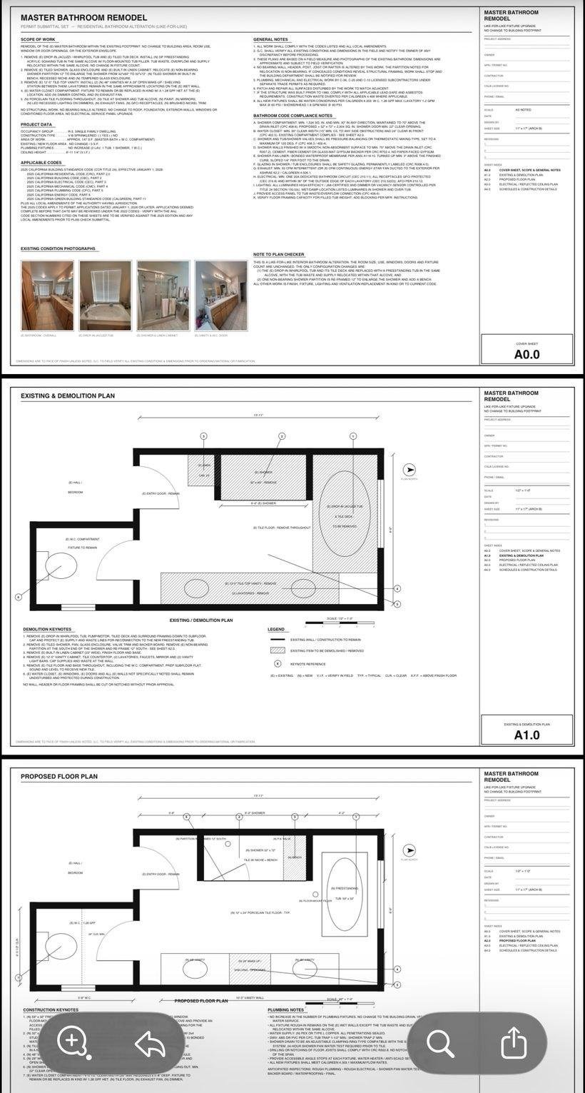 A master bathroom permit set: cover sheet, existing and demolition plan, proposed floor plan